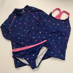 Mini Boden Navy Rainbow Foil Confetti Spot Rashguard, Tankini, Bikini Bottom Set